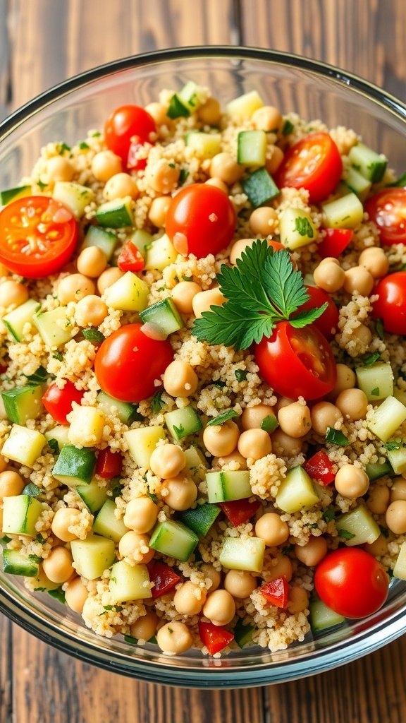 A colorful quinoa salad with cucumbers, cherry tomatoes, and chickpeas, garnished with parsley, on a rustic wooden table.